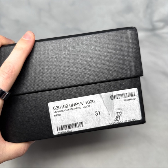 Saint Laurent YSL Cassandra Patent Leather Strappy Sandal Heel Designer Black 37 - Picture 14 of 16